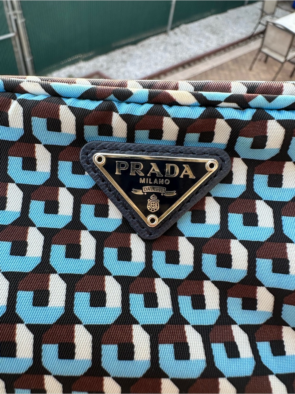 PRADA Blue & Brown Geometric Nylon Wristlet - Picture 4 of 11